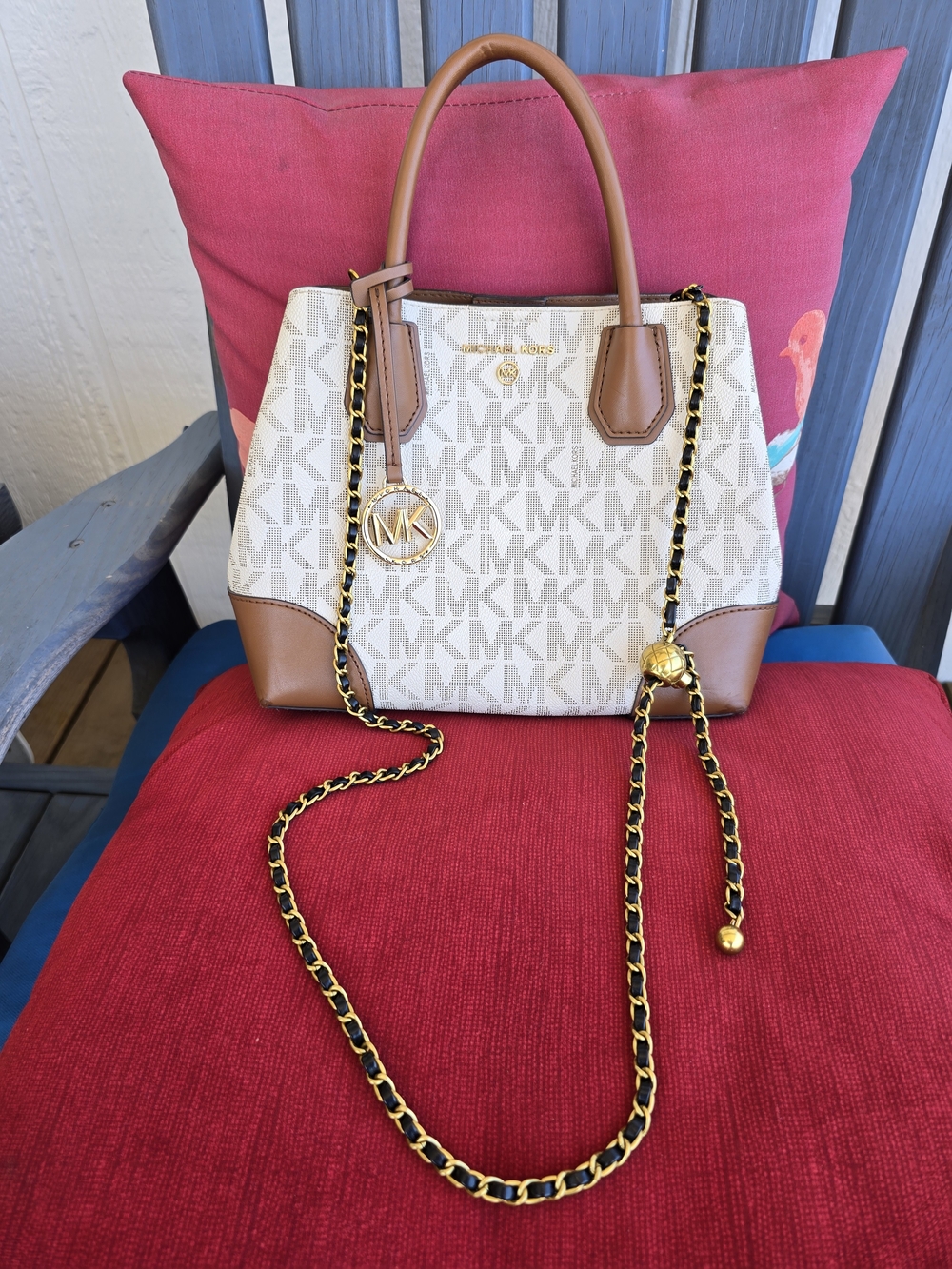 Michael Kors Cream MK Logo Satchel with Brown Trim and Gold Chain